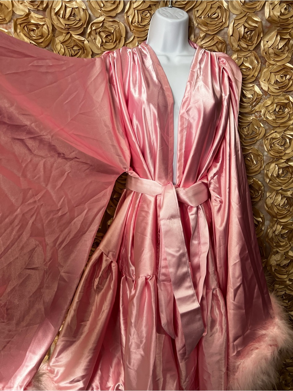 Pink Satin Feather Trim Robe - Women Intimates & Sleepwear. - Picture 2 of 4